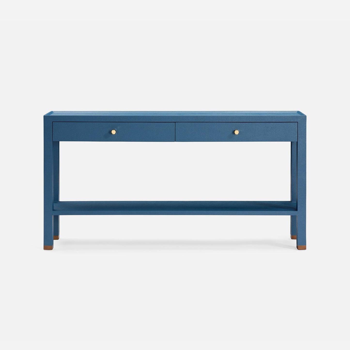 Blue console table with two drawers on a white background