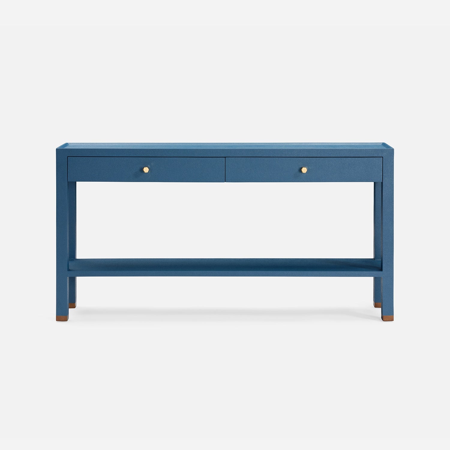 Blue console table with two drawers on a white background