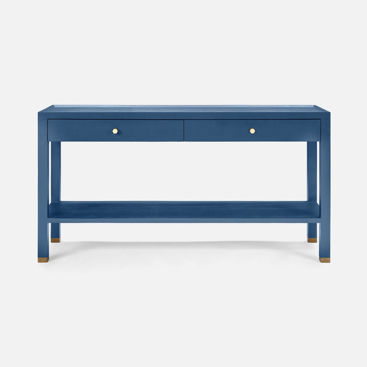 A blue console table with two drawers, two small gold knobs, and an open lower shelf, shown against a light gray studio background.