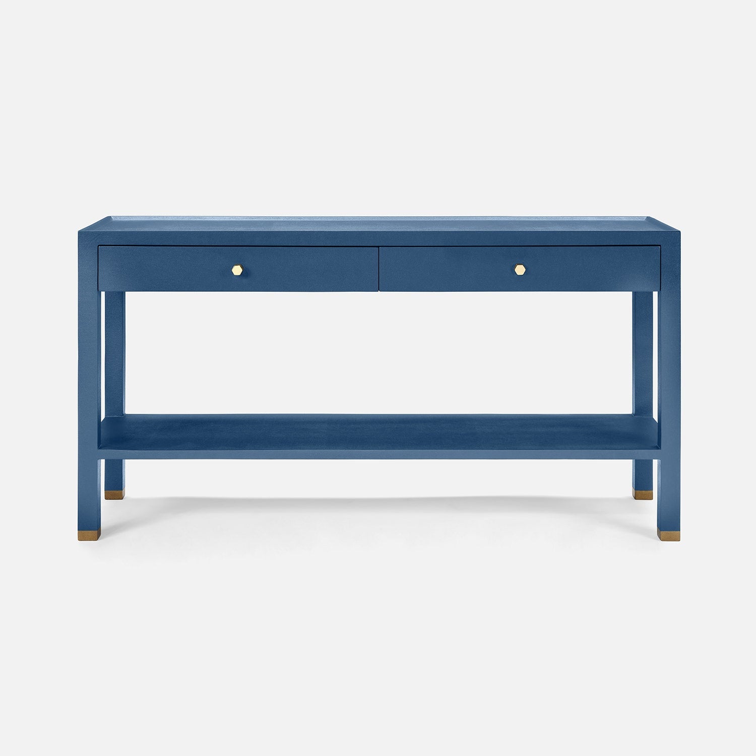 A blue console table with two drawers, two small gold knobs, and an open lower shelf, shown against a light gray studio background.