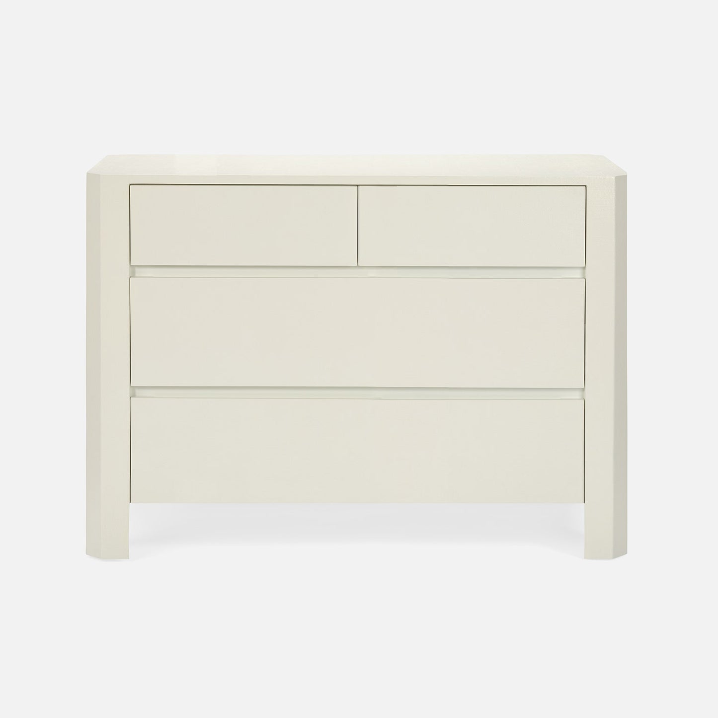 White wooden dresser with three drawers on a white background
