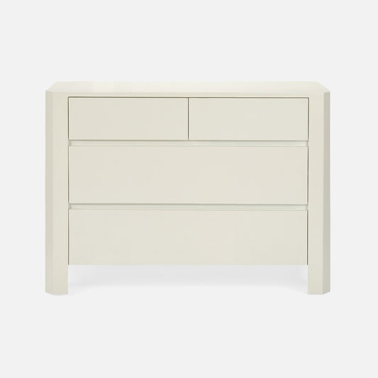 White wooden dresser with three drawers on a white background