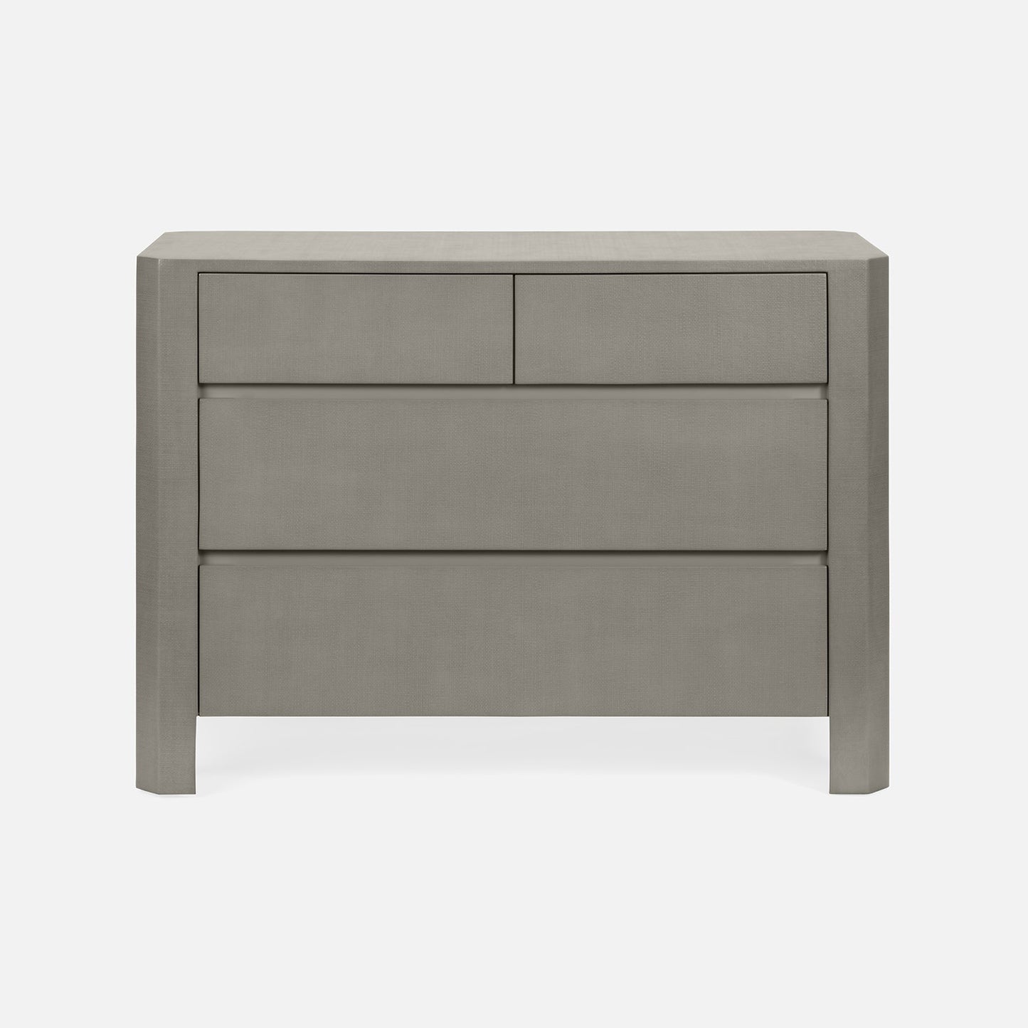 Gray three-drawer nightstand on a white background