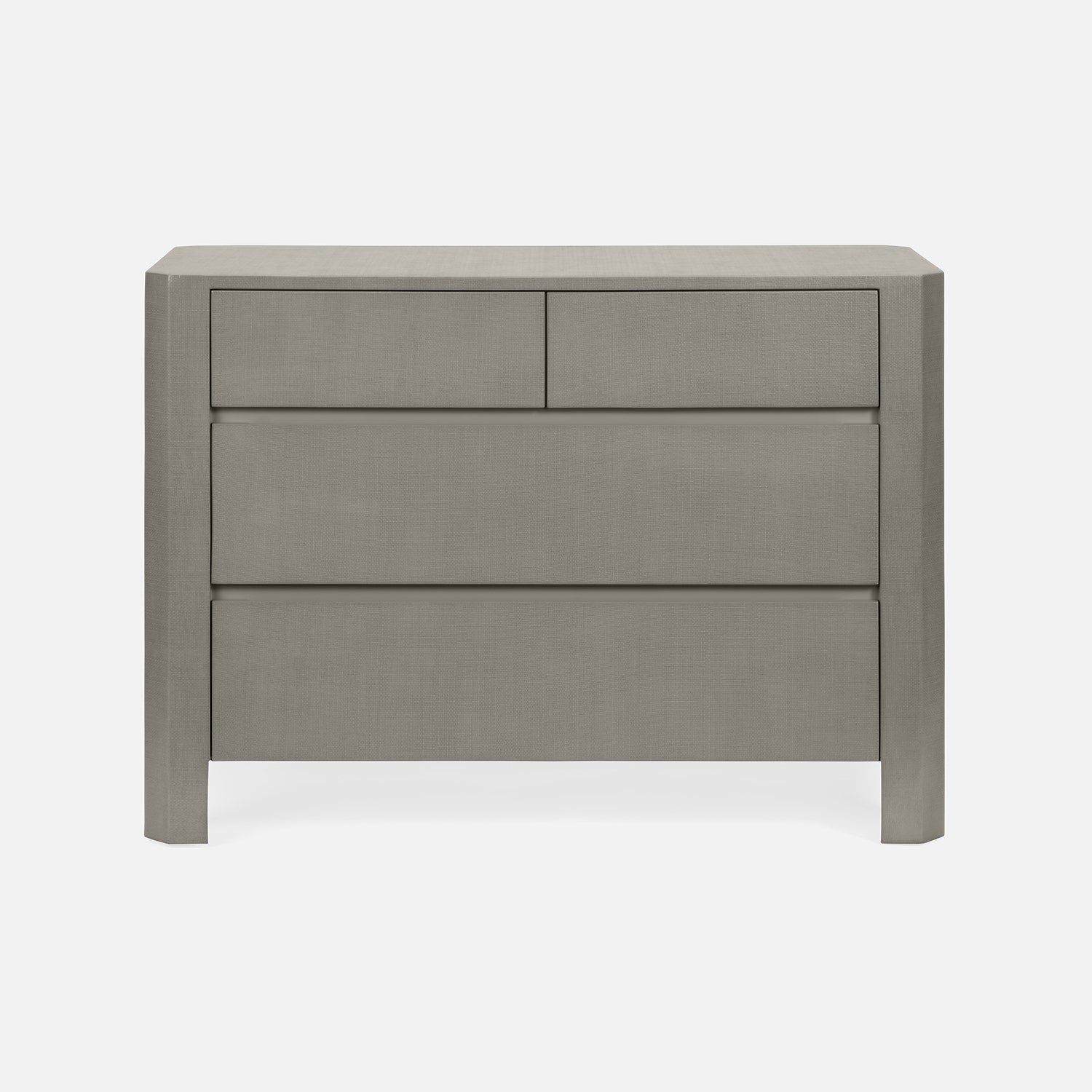 Gray three-drawer nightstand on a white background
