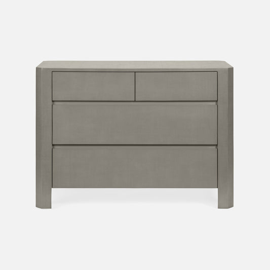 Gray three-drawer nightstand on a white background