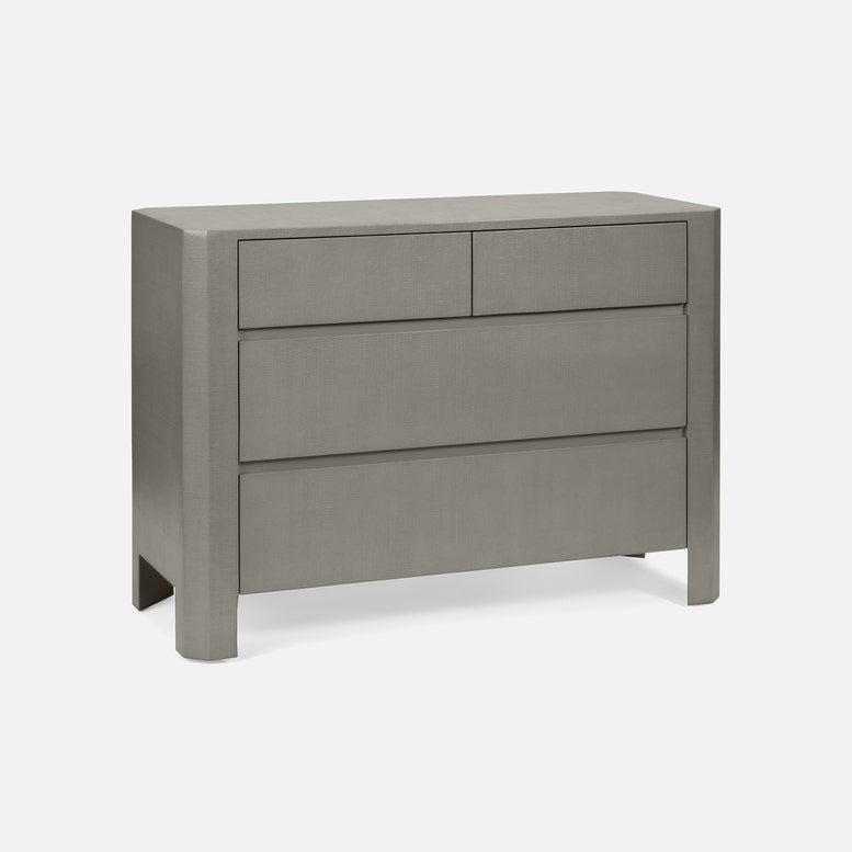 Gray dresser with three drawers on a white background