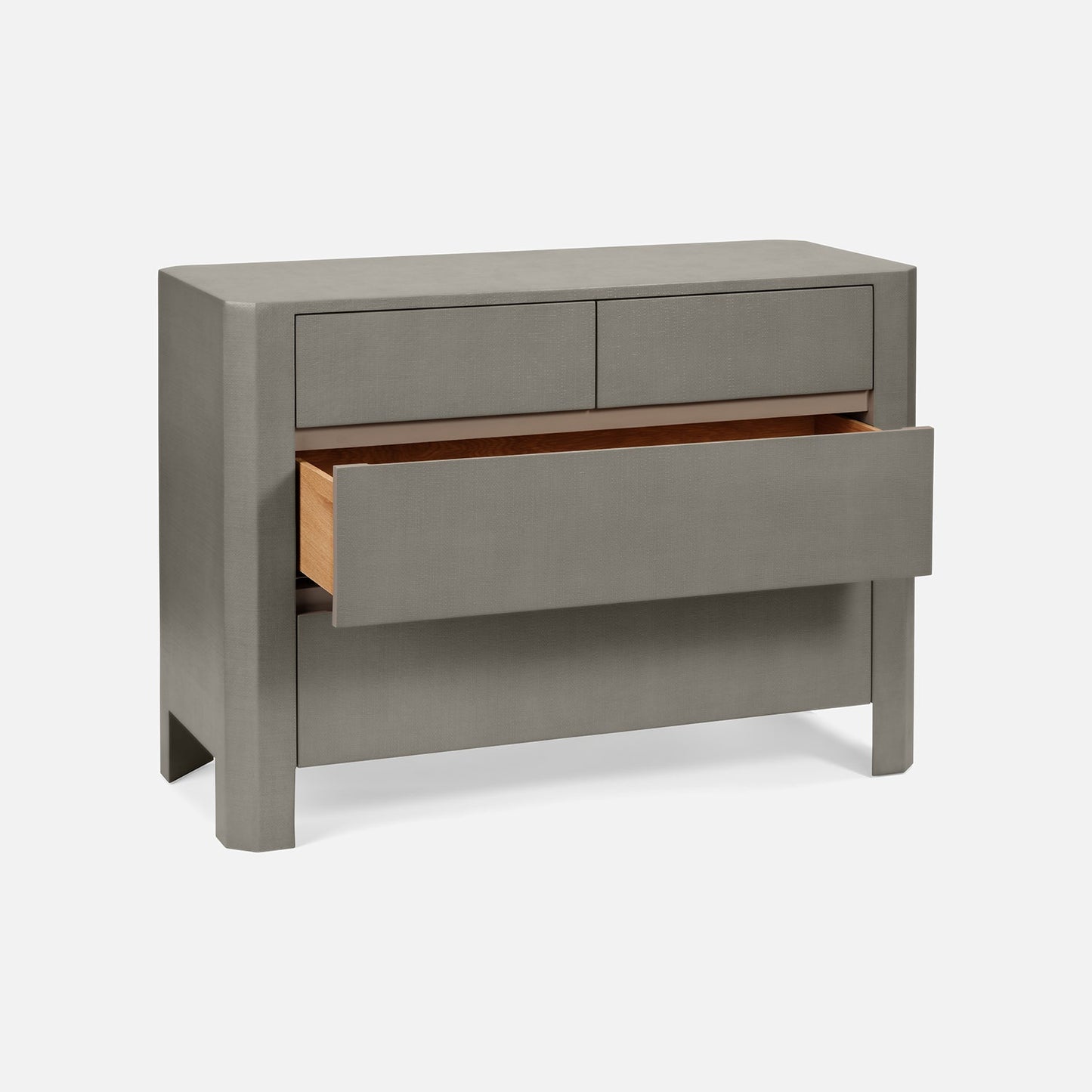 Gray dresser with open drawer on a white background