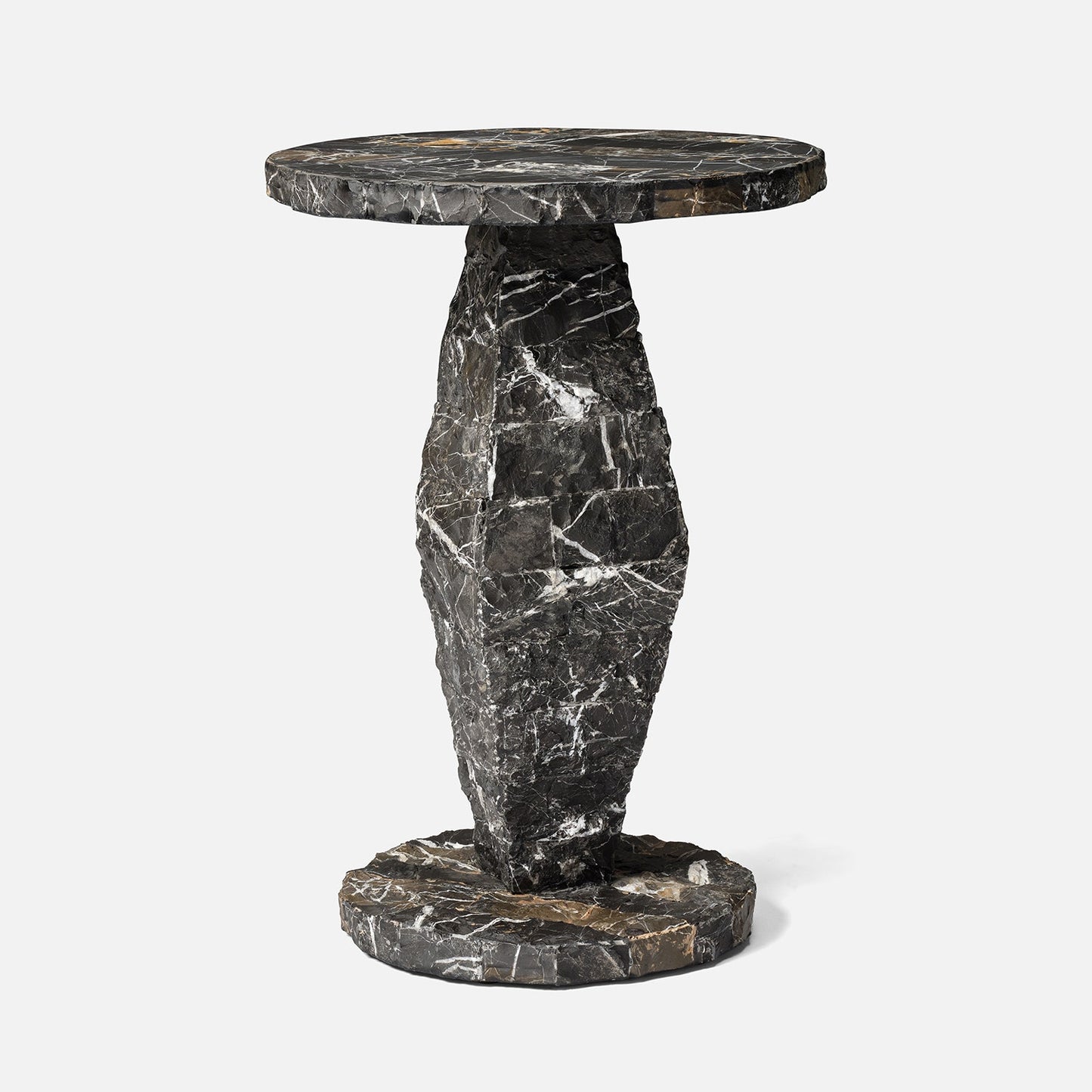 Marble side table with a unique design on a white background