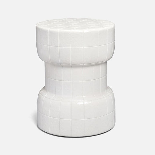 A modern white concrete side stool with a textured grid pattern, shown against a light gray background.