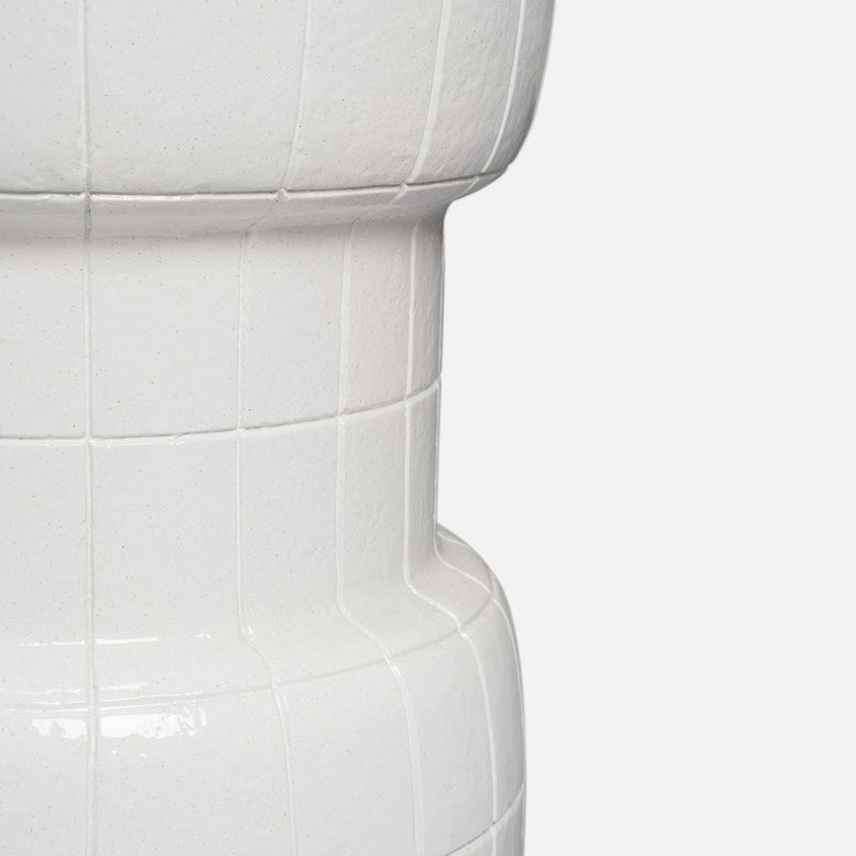 Close-up of a glossy white concrete stool with a textured, ribbed design and a flared rim, set against a plain light gray background.