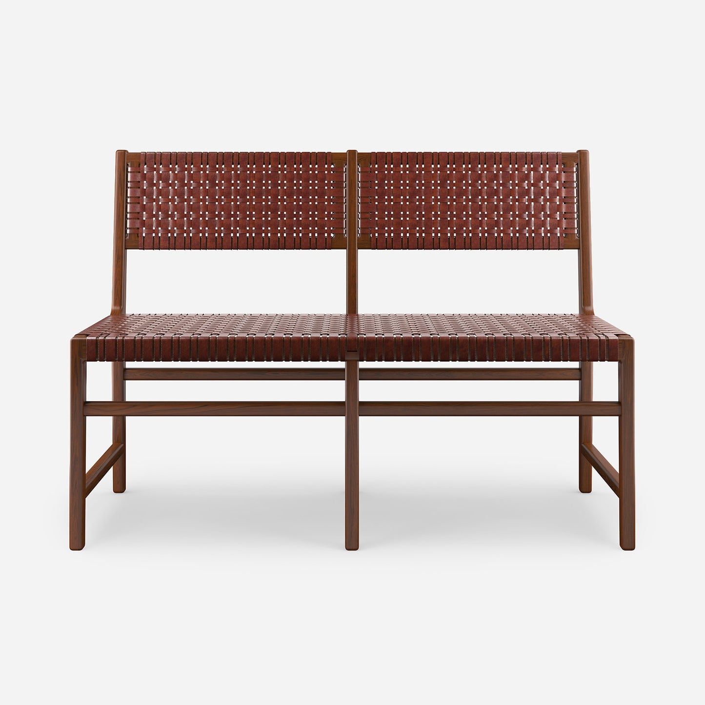 A two-seater wooden bench with woven brown rope seats and backs, shown against a light gray background.