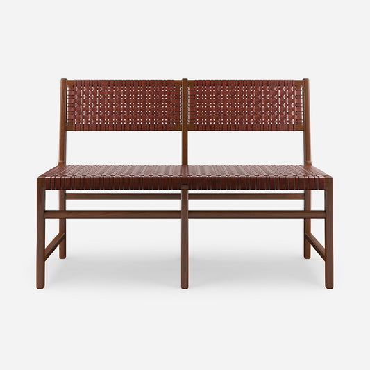 A two-seater wooden bench with woven brown rope seats and backs, shown against a light gray background.