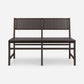 A two-seater bench with a dark brown woven seat and backrest, supported by a matching dark metal frame, shown against a light gray background.