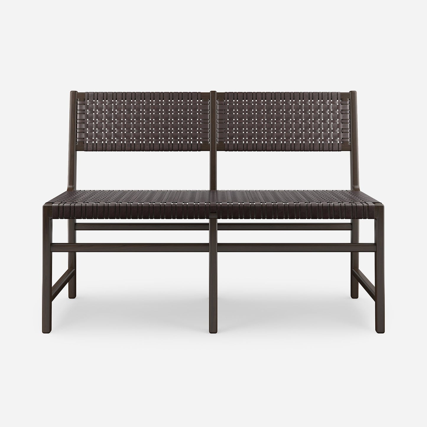 A two-seater bench with a dark brown woven seat and backrest, supported by a matching dark metal frame, shown against a light gray background.