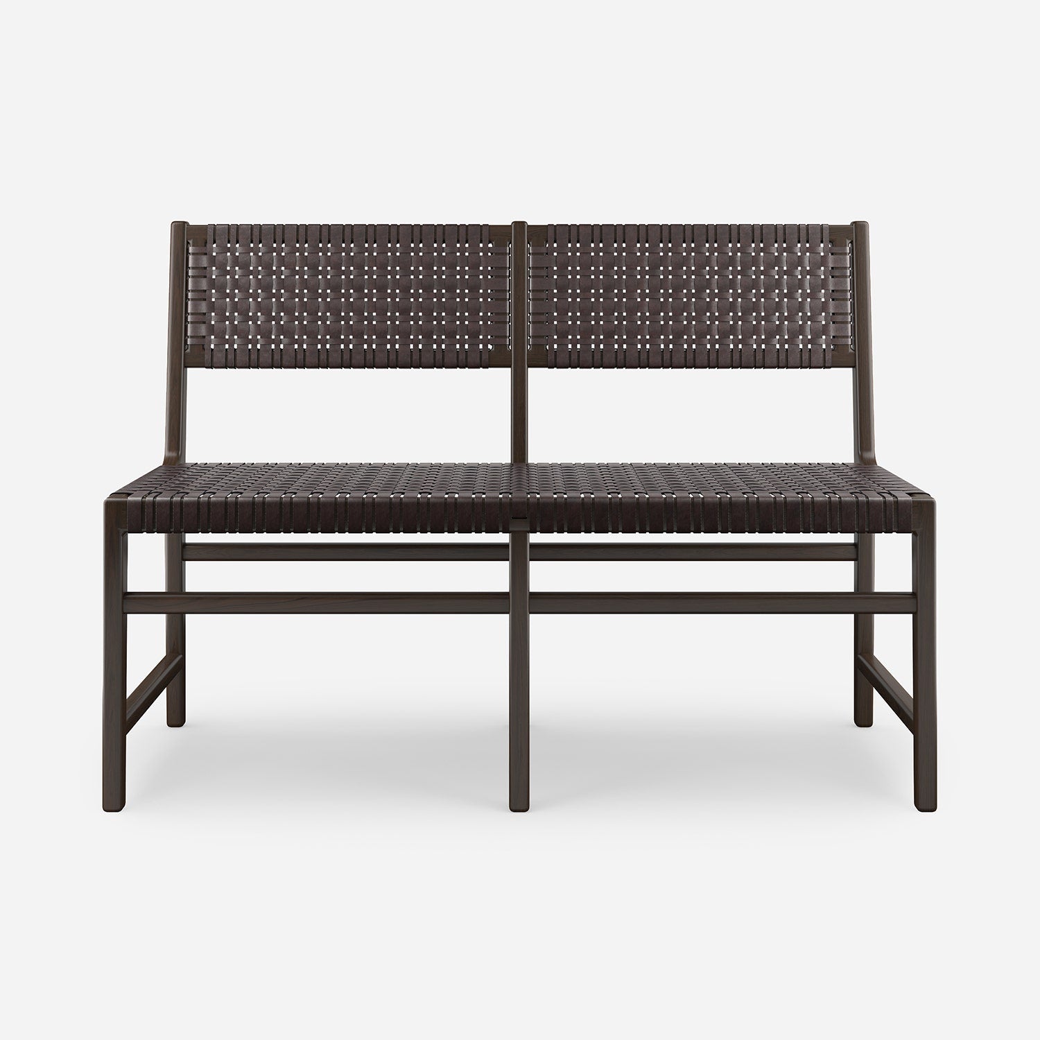 A two-seater bench with a dark brown woven seat and backrest, supported by a matching dark metal frame, shown against a light gray background.