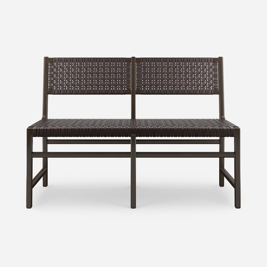 A two-seater bench with a dark brown woven seat and backrest, supported by a matching dark metal frame, shown against a light gray background.