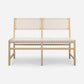 A modern two-seat bench with a light natural wood frame and woven seat and backrest straps in cream and beige tones, shown against a plain light gray background.