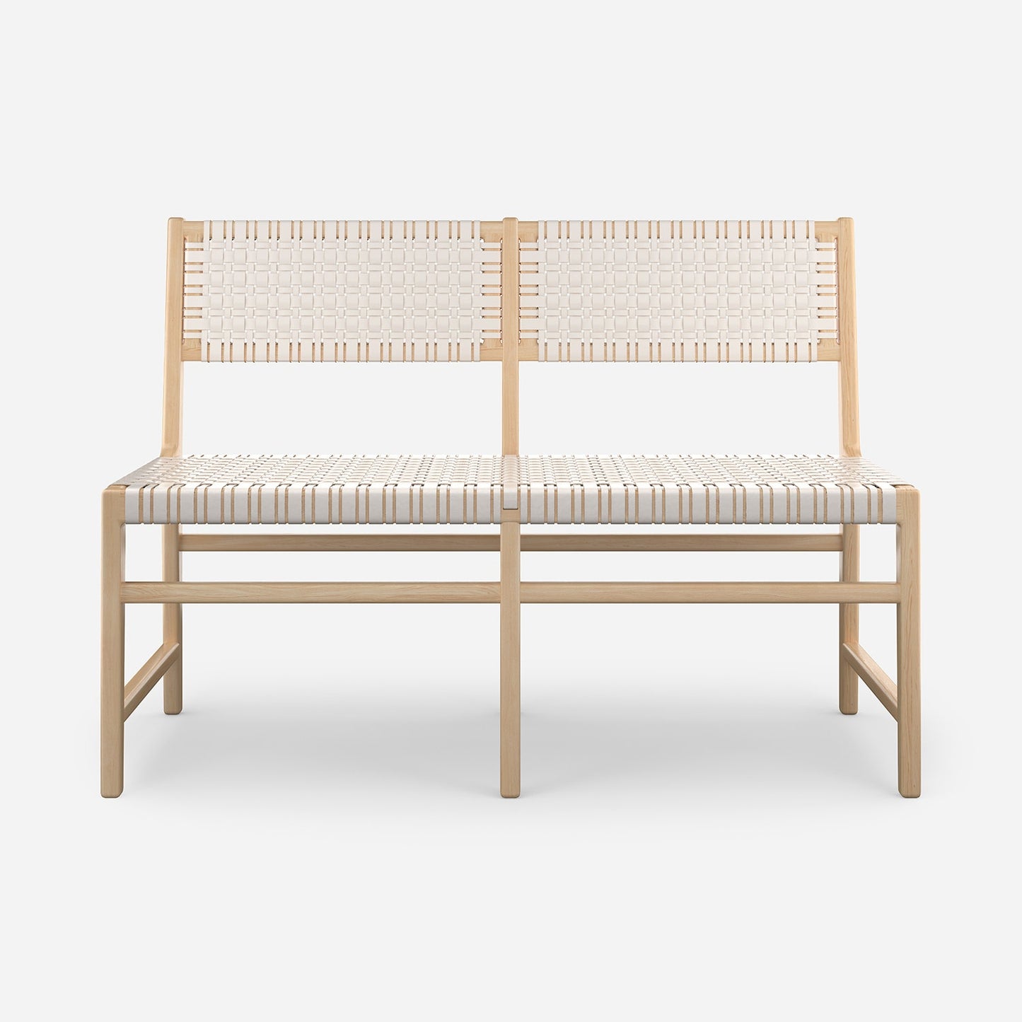 A modern two-seat bench with a light natural wood frame and woven seat and backrest straps in cream and beige tones, shown against a plain light gray background.