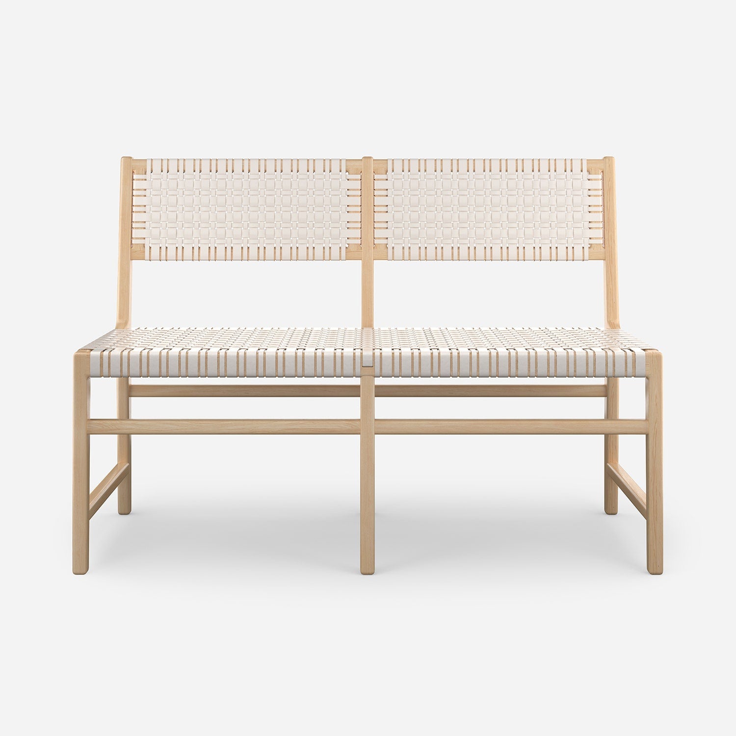 A modern two-seat bench with a light natural wood frame and woven seat and backrest straps in cream and beige tones, shown against a plain light gray background.