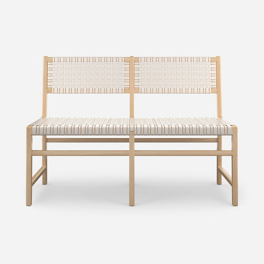 A modern two-seat bench with a light natural wood frame and woven seat and backrest straps in cream and beige tones, shown against a plain light gray background.