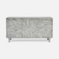 A modern three-door sideboard cabinet featuring a light gray and white fish-scale or bone inlay pattern with a sunburst design on the center door, small gold knobs, and tapered light gray legs, shown against a plain light gray background.