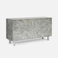 A modern sideboard cabinet featuring a gray and white geometric mosaic shell pattern on the doors and front, with small gold handles and tapered silver legs, shown against a light gray background.