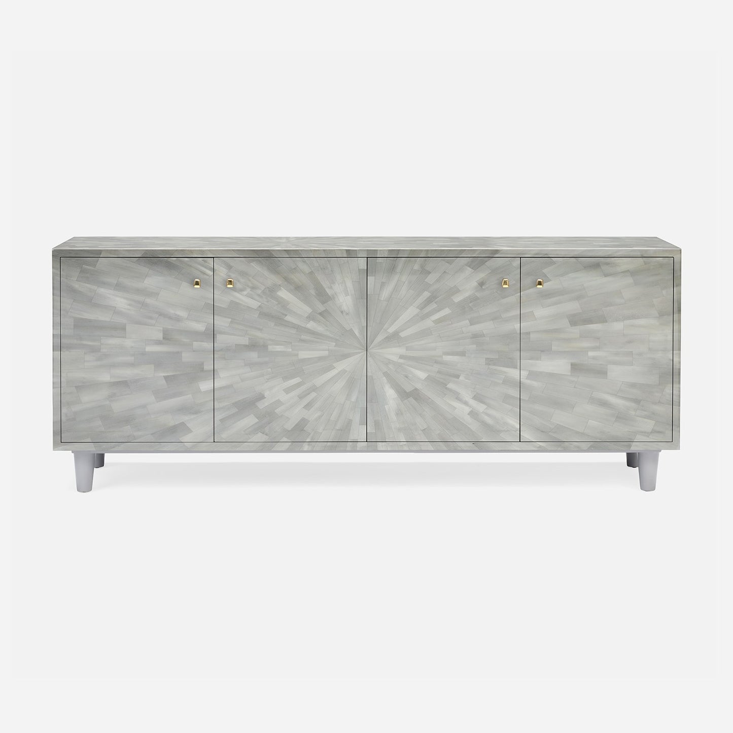 Gray sideboard with sunburst pattern on a white background