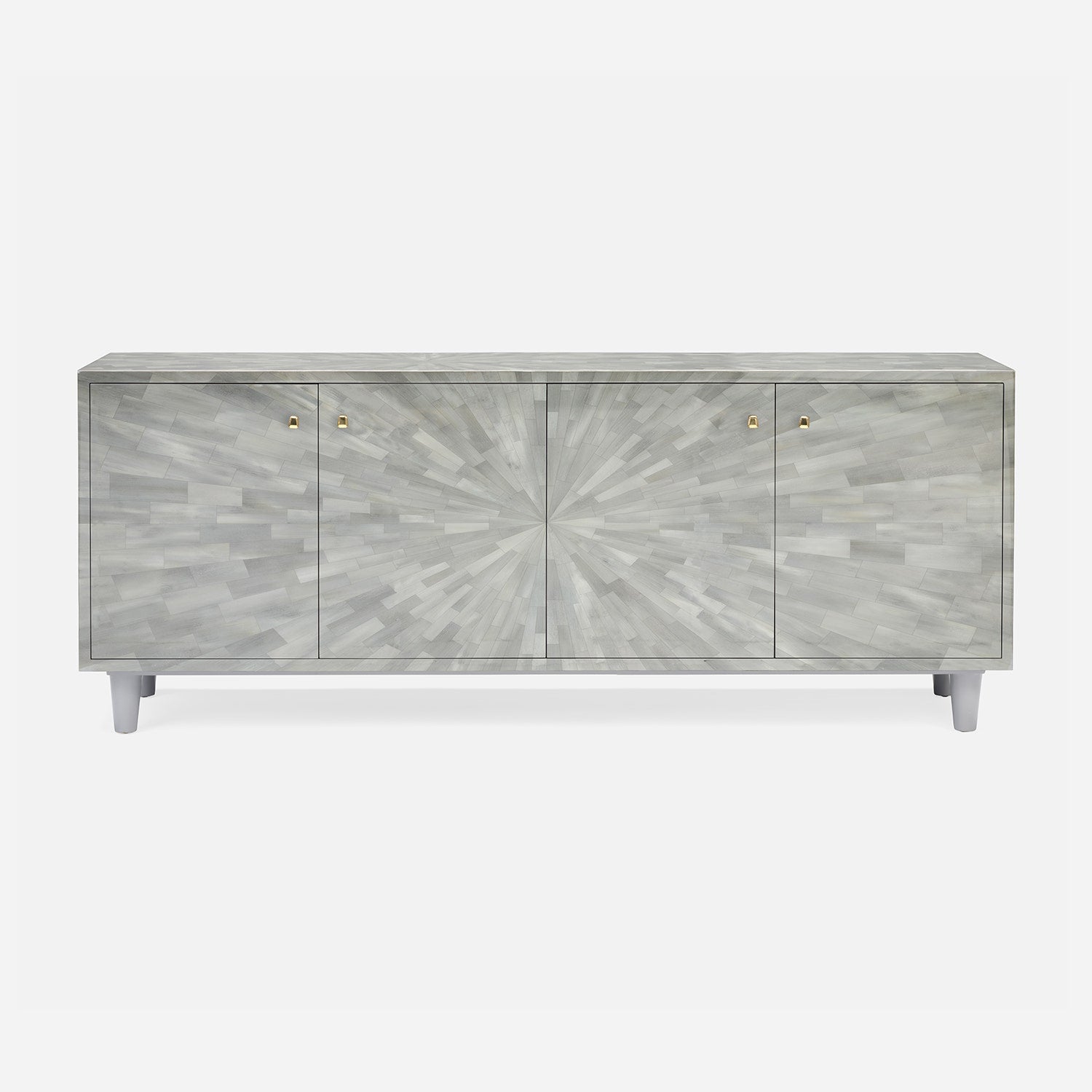 Gray sideboard with sunburst pattern on a white background
