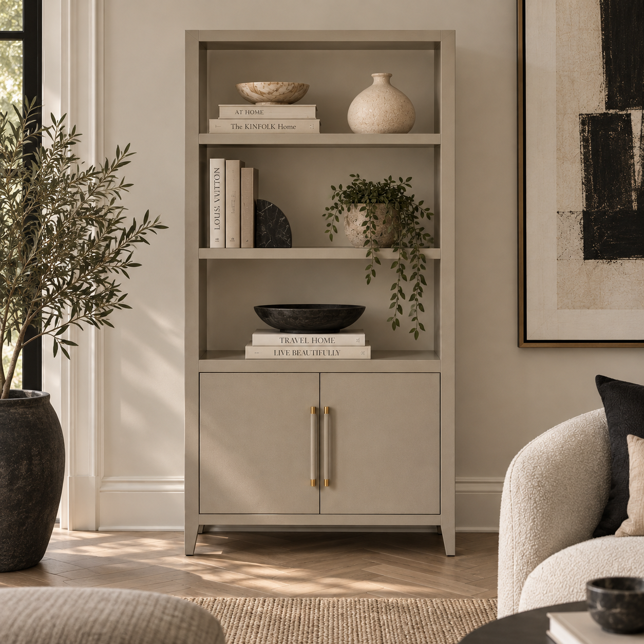 two door bookcase with three shelves in gray in a neutral decorated room