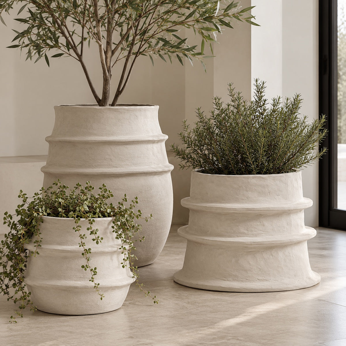 Pot 06 Molly Beige Rippled Pot, 13inch high styled in entryway with other modern vases