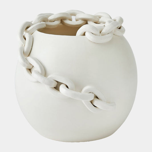White ceramic vase with chain-like design on a light gray background