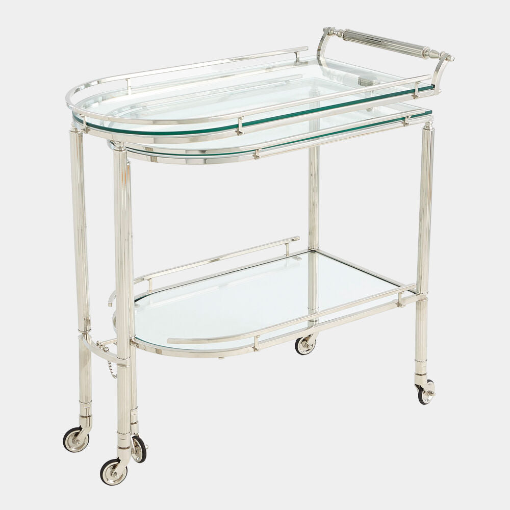 Glass serving cart with metal frame on a white background