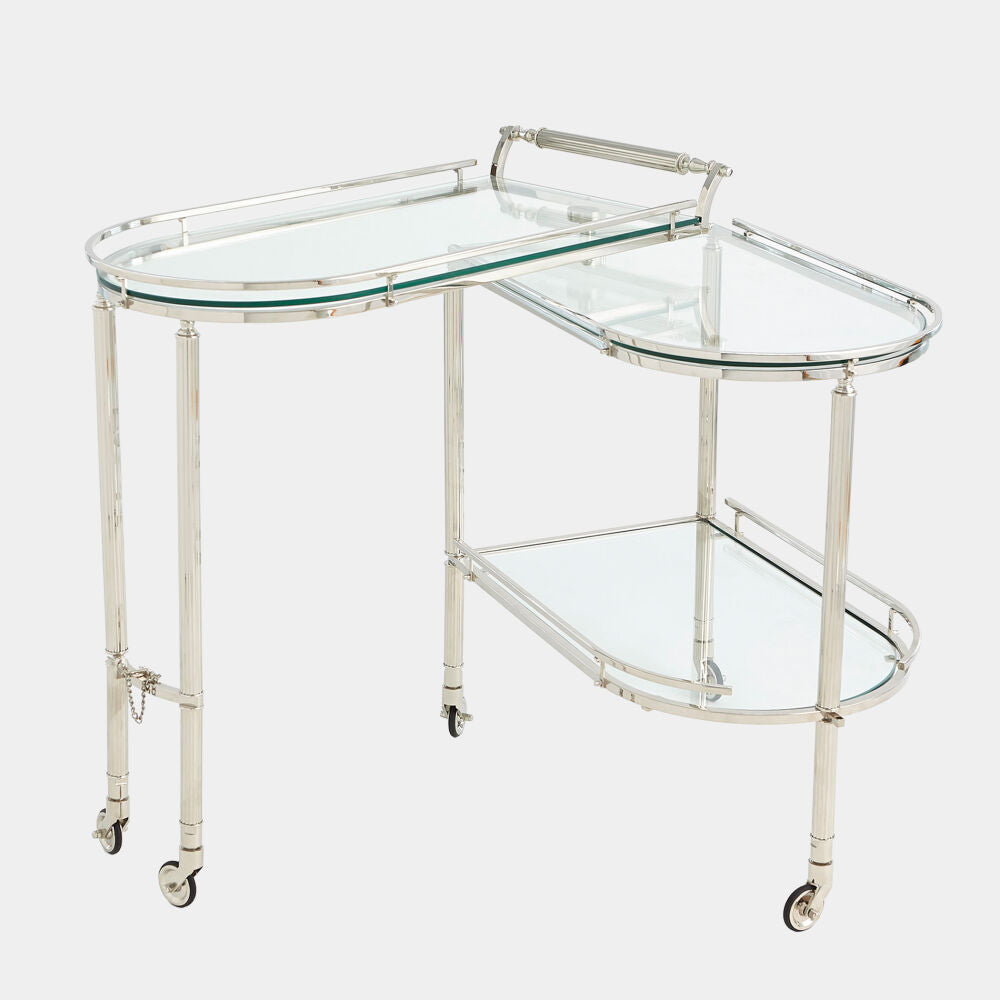 Glass serving cart with metal frame on a white background
