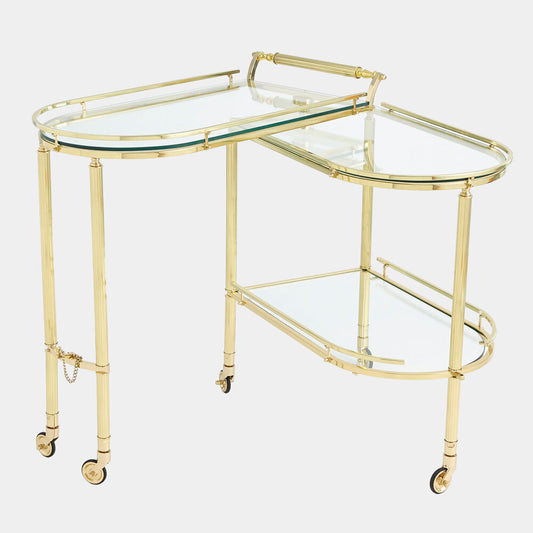 Gold bar cart with glass top on a white background