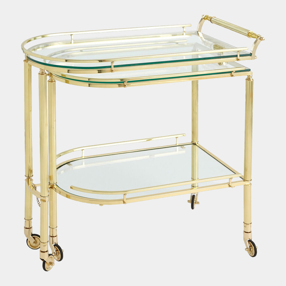 Gold-framed glass-topped serving cart on a white background