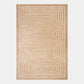 A rectangular area rug with a geometric pattern of concentric rectangles in warm beige and cream, shown flat against a light gray background.