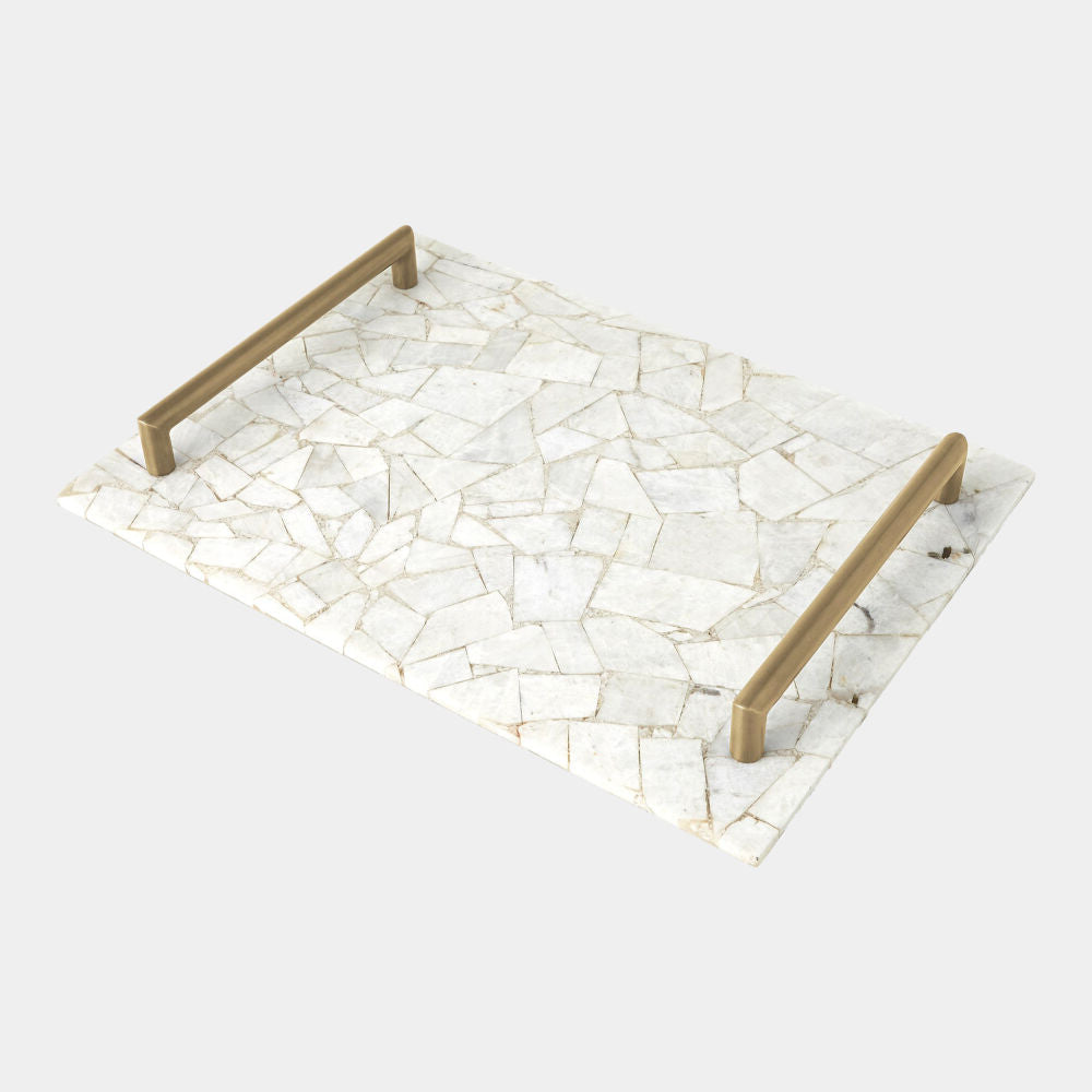 Decorative tray with marble pattern and gold handles on a white background