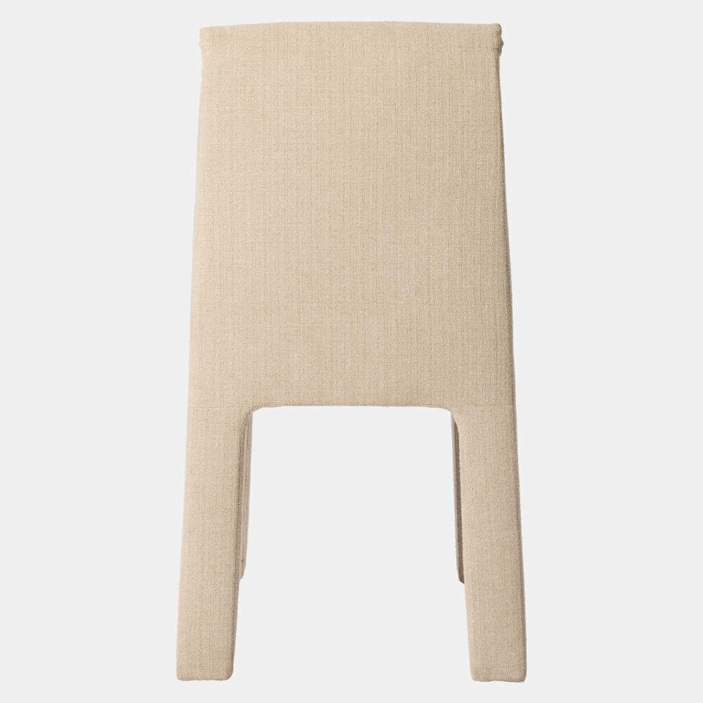 A minimalist upholstered stool with a tall rectangular backrest and integrated legs, upholstered in a textured beige linen fabric, shown against a plain white background.