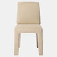 A modern upholstered dining chair with a high backrest, featuring a textured beige linen fabric on the seat and back, set against a plain light gray background.