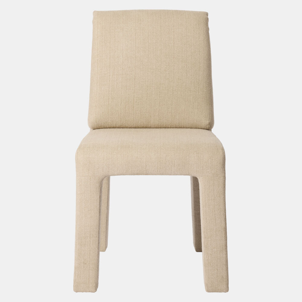A modern upholstered dining chair with a high backrest, featuring a textured beige linen fabric on the seat and back, set against a plain light gray background.