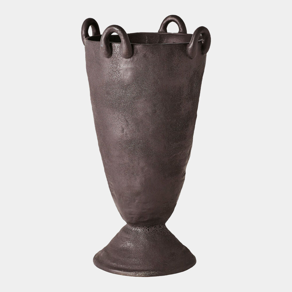 Bronze-colored vase with three handles on a light gray background
