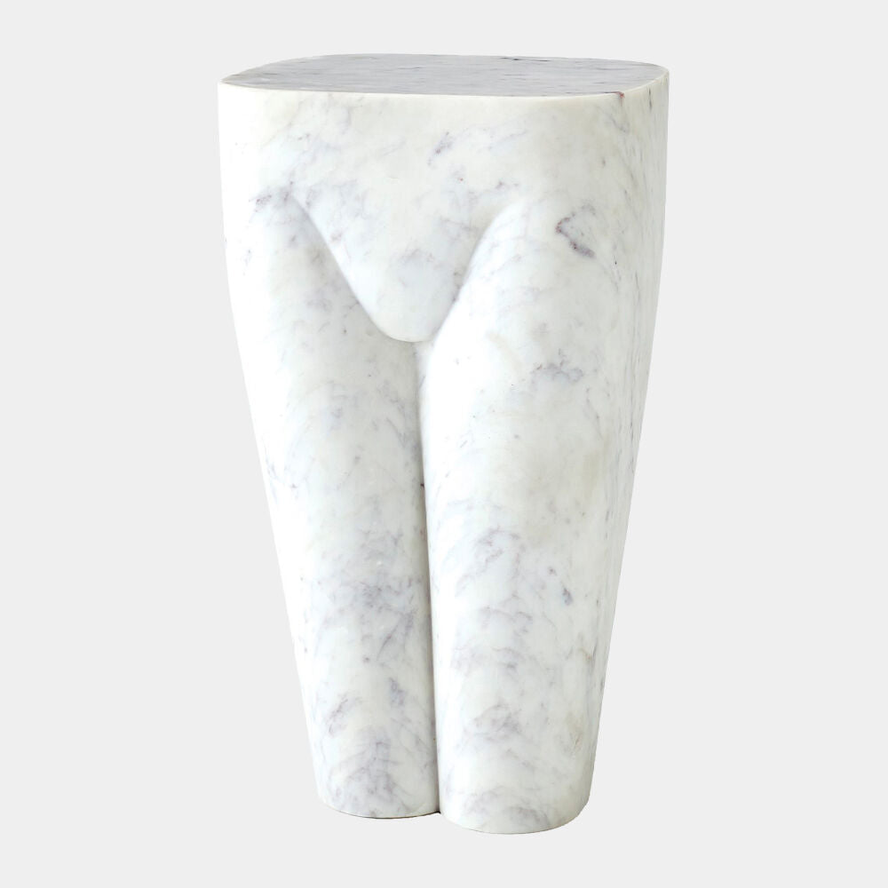 white marble sculptural stool on white background
