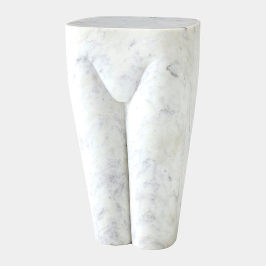 white marble sculptural stool on white background
