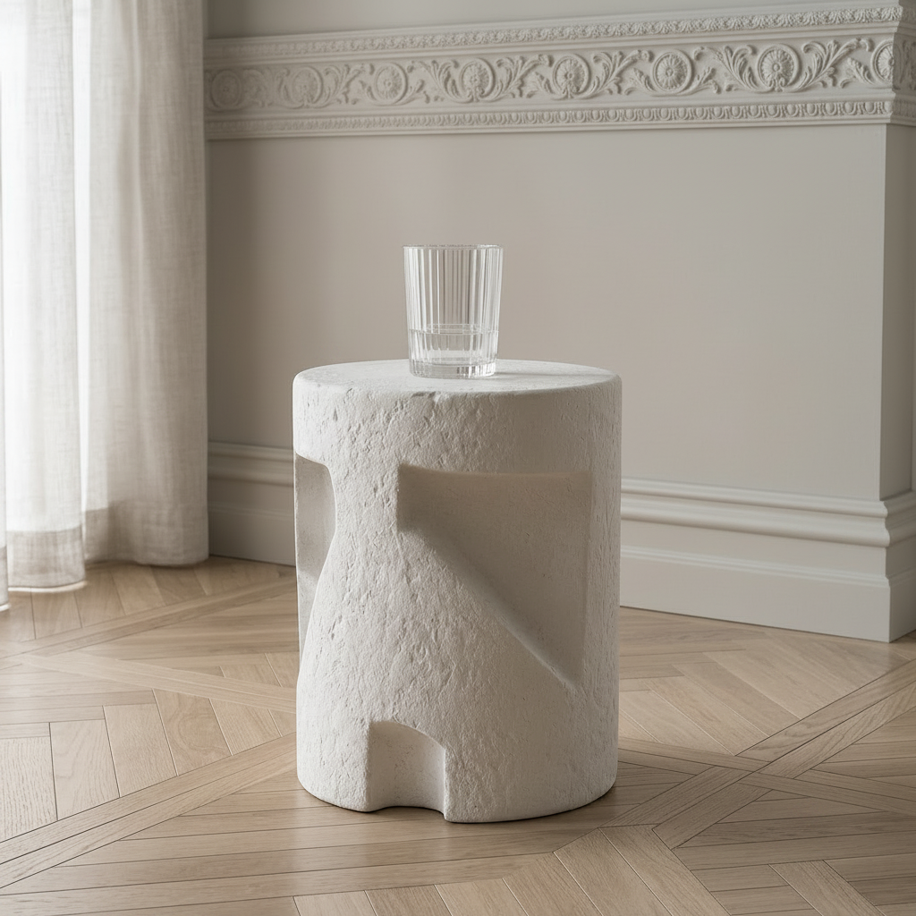 A textured white cylindrical drinks table with an abstract sculptural design, shown in a bright room with a light wood herringbone floor, white walls, and a clear ribbed glass cup on top.