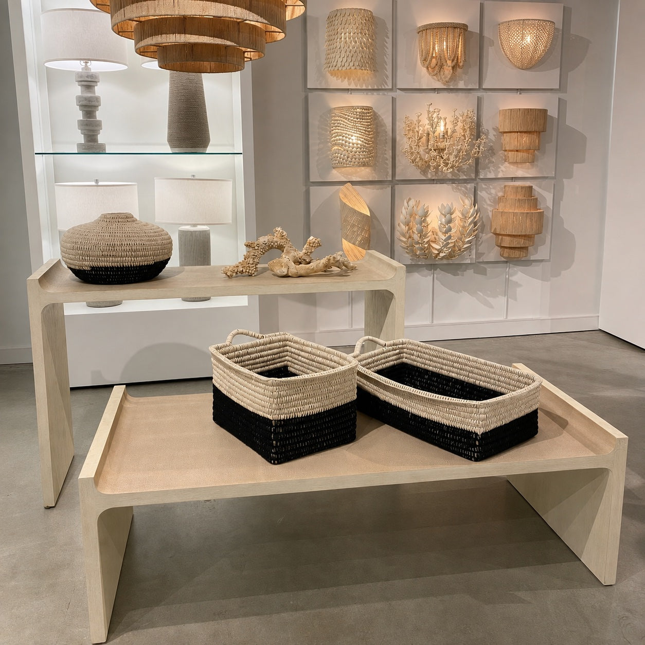 Two woven storage baskets with black and natural beige lower sections are displayed on a light wood bench in a modern home decor showroom.