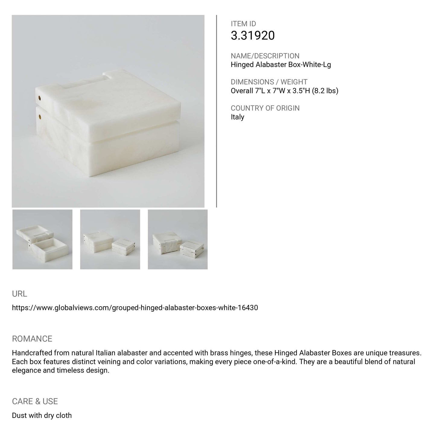 Hinged Alabaster Box White-Lg by Global Views with product details and images.