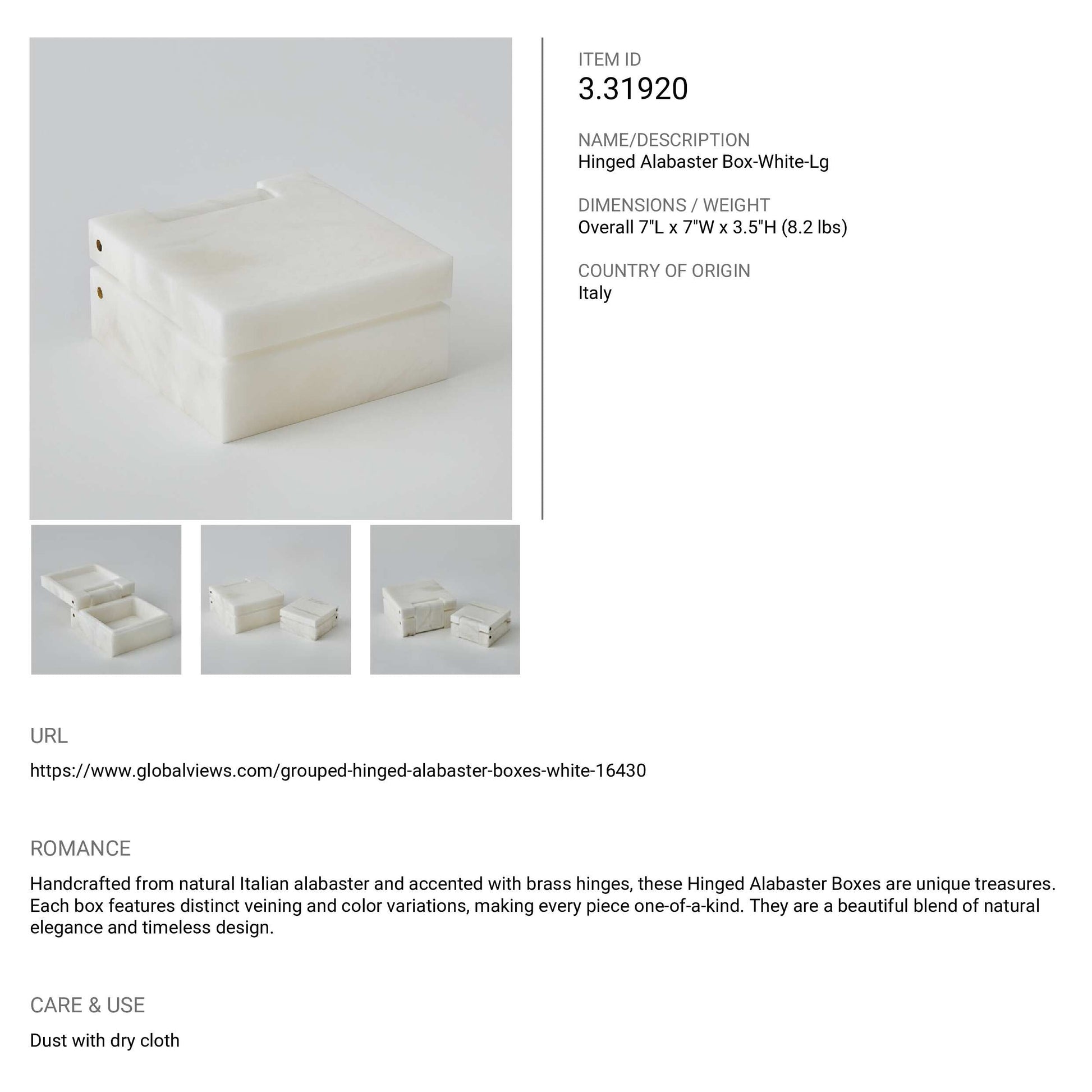 Hinged Alabaster Box White-Lg by Global Views with product details and images.