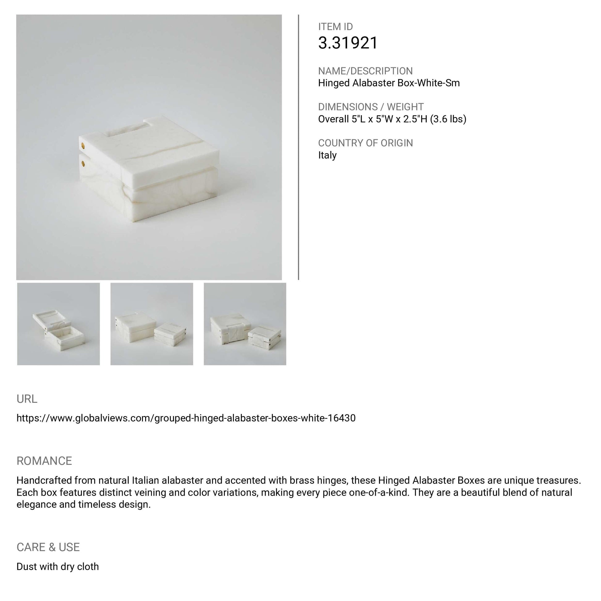 Hinged Alabaster Box with dimensions and weight information on a white background