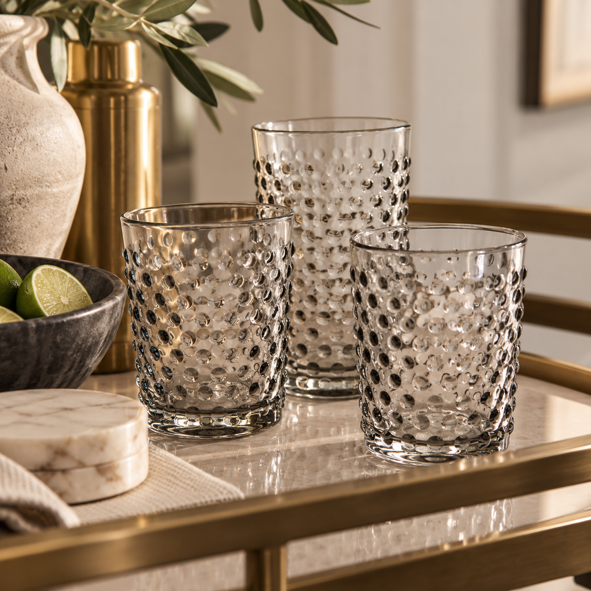 pale gray drinkware on a bar cart