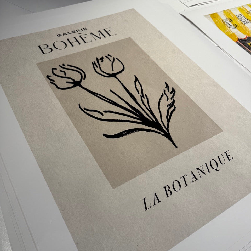 Art print with floral design and text on a textured surface